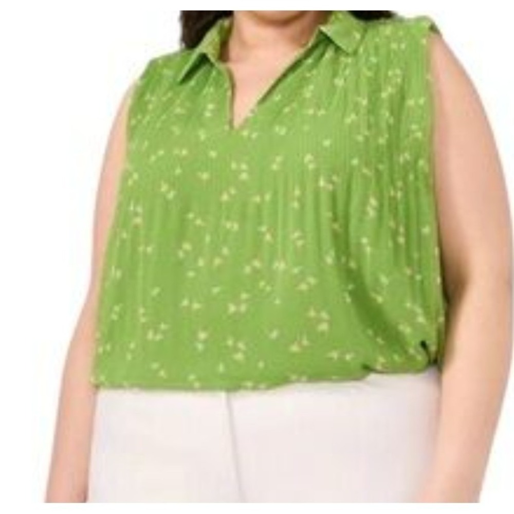 Halogen 1X Green Floral Pleated Sleeveless‎ Collared Blouse Top Shirt